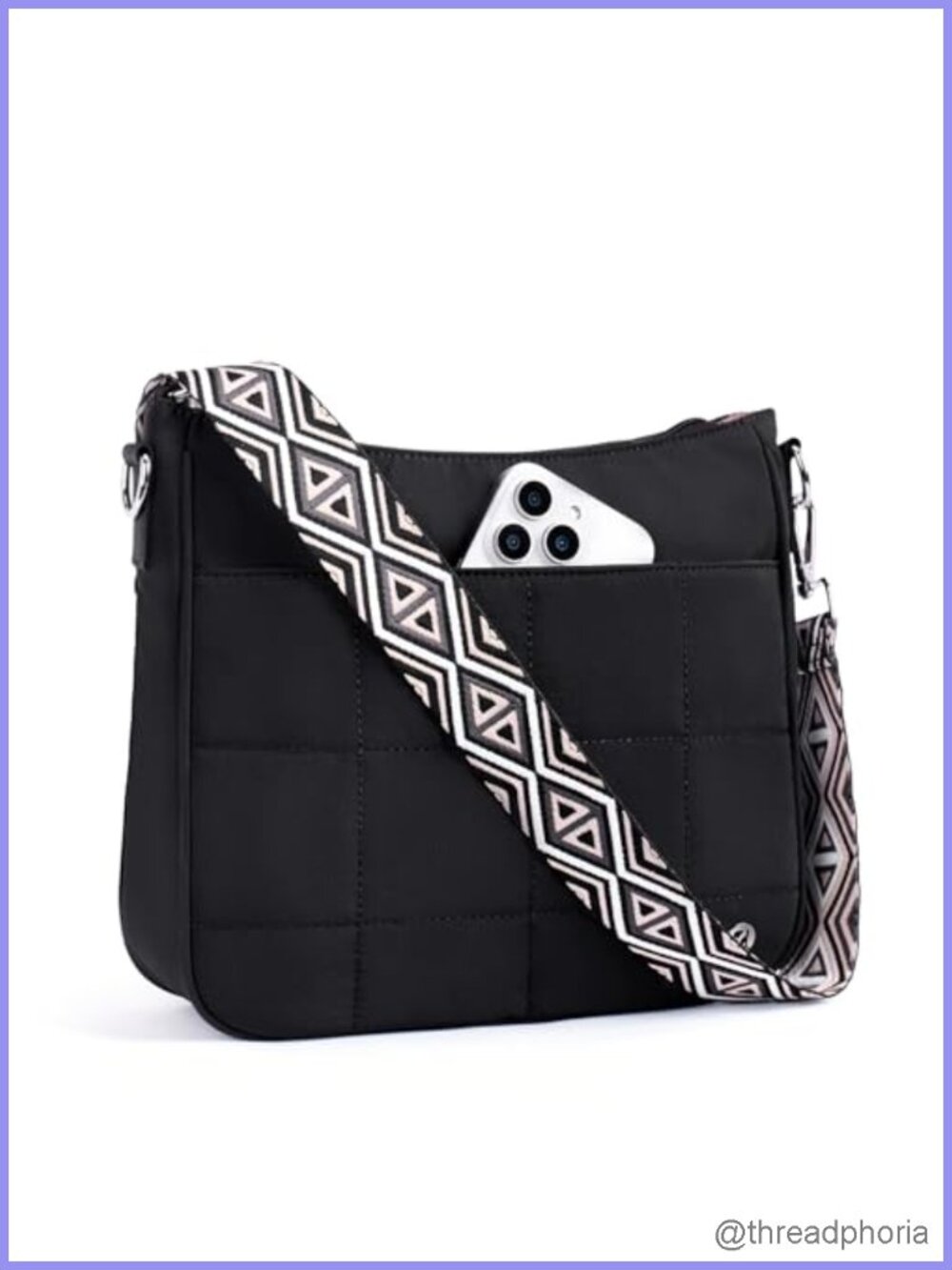 Quilted Nylon Puffer Crossbody Hobo Bag with Locking Zipper